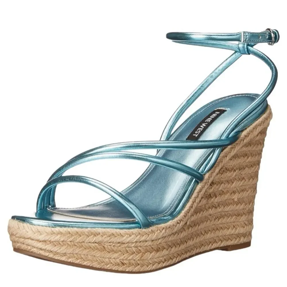 Nine West Hipsta3 Metallic Light Blue Wedge Sandals size 7.5 NWOB